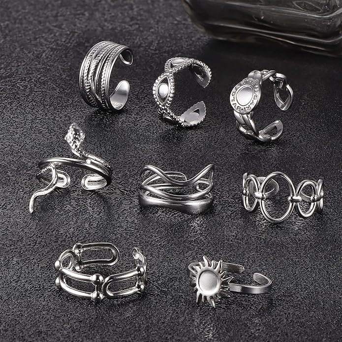 LOLIAS 16Pcs Stackable Stainless Steel Rings for Women Chunky Silver Rings Non Tarnish Ring Open Adjustable Thumb Finger Statement Ring Set
