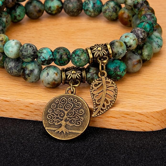 Bivei Natural Semi Precious Gemstone beads bracelet for women - Life Tree and Leaf Charm Energy Reiki Crystal Stretch Bracelets