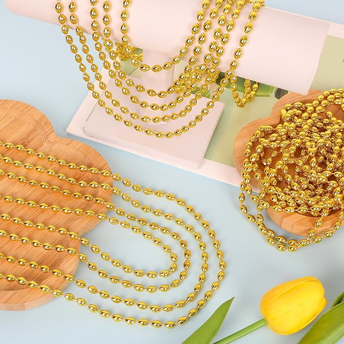 100PCS Mardi Gras Beads, Gold Oval Beaded Necklace Stuff, 32" Mardi Gras Christmas Beaded Necklace Costume Bulk, Festival Parade Throw Accessories for Mardi Gras St Patricks Christmas Celebrations