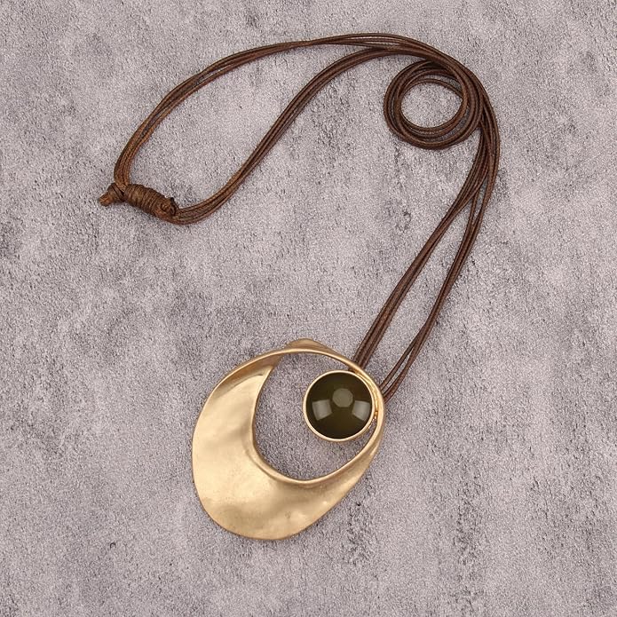 GelConnie Leather Necklace for Women Large Pendant Long Brown Necklace Circle Leather Choker Vintage Sweater Necklace Gold Chunky Boho Necklaces for Women