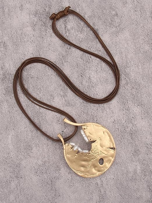 GelConnie Leather Necklace for Women Large Pendant Long Brown Necklace Circle Leather Choker Vintage Sweater Necklace Gold Chunky Boho Necklaces for Women