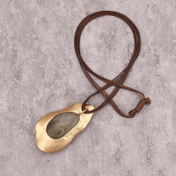 GelConnie Leather Necklace for Women Large Pendant Long Brown Necklace Circle Leather Choker Vintage Sweater Necklace Gold Chunky Boho Necklaces for Women