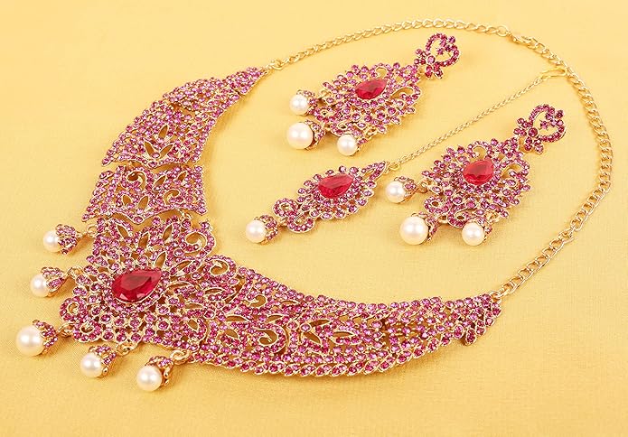 Touchstone Indian jewelry sets for women tikka wedding necklace costume guest statement bollywood rhinestones crystal faux pearls gold big royal neck piece set bridal fashion accessories