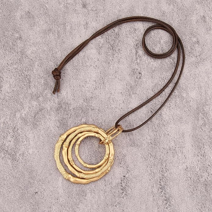 GelConnie Leather Necklace for Women Large Pendant Long Brown Necklace Circle Leather Choker Vintage Sweater Necklace Gold Chunky Boho Necklaces for Women