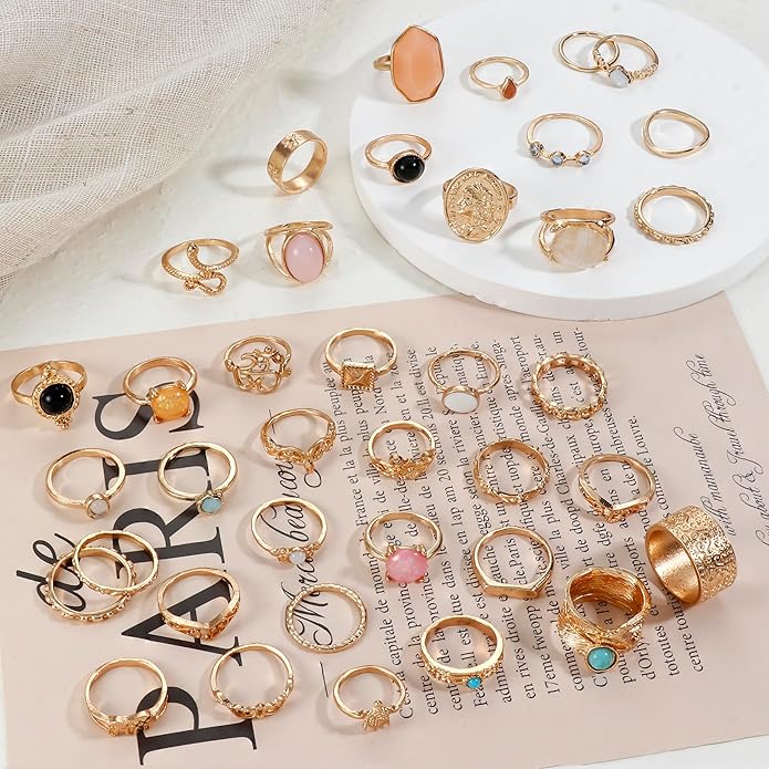 Subiceto 70 Pcs Vintage Crystal Ring Set Knuckle Rings for Women Bohemian Stackable Joint Rings Retro Boho Stacking Joint Finger Rings Pack