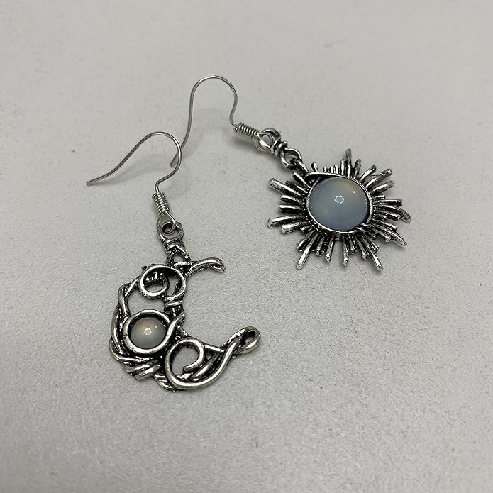 ANDPAI Unique Chic Abstract Hollow Black Vintage Silver Asymmetry Moon Star Sun Dangle Drop Earrings Black Moonstone Moon Hypoallergenic Earrings for Women Statement Jewelry Gifts
