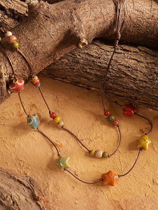 MINACHI Hippie Boho Double Layered Colorful Ceramic Heart Round Bead Necklace, Bohemian Jewelry Gifts for Women