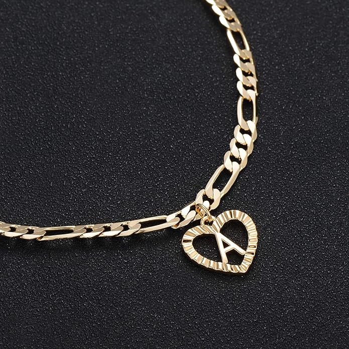 YANODA Initial Ankle Bracelets for Women 14K Gold Plated Layered Figaro Chain Letter Initial Anklets Handmade Layered Heart Ankle Bracelets Personalized Jewelry for Women