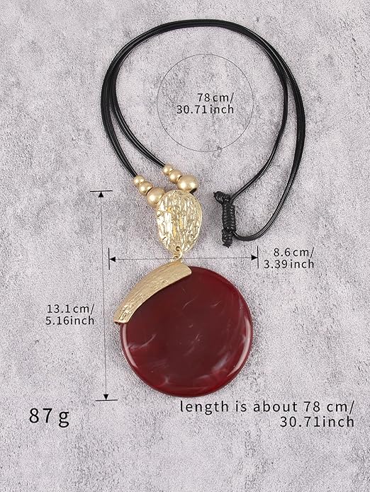 GelConnie Leather Necklace for Women Large Pendant Long Brown Necklace Circle Leather Choker Vintage Sweater Necklace Gold Chunky Boho Necklaces for Women