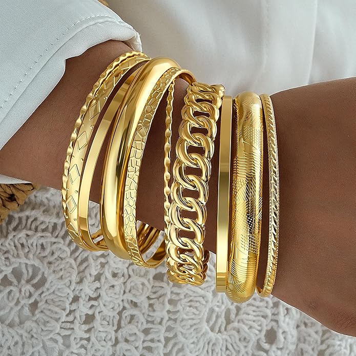 ÌF ME Gold Bangle Bracelets for Women, Indian Bangles Stackable Set, Multi Layer Textured 14K Gold Plated Chunky Bracelets Boho Jewelrys Set