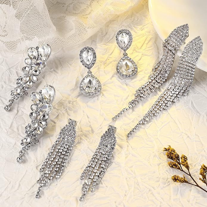 THUNARAZ 4 Pairs Silver Clip on Earrings for Women, Sparkly Rhinestone Tassel Chandelier Teardrop Dangle Earrings for Brides Bridesmaids Non Pierced Prom Jewelry Set