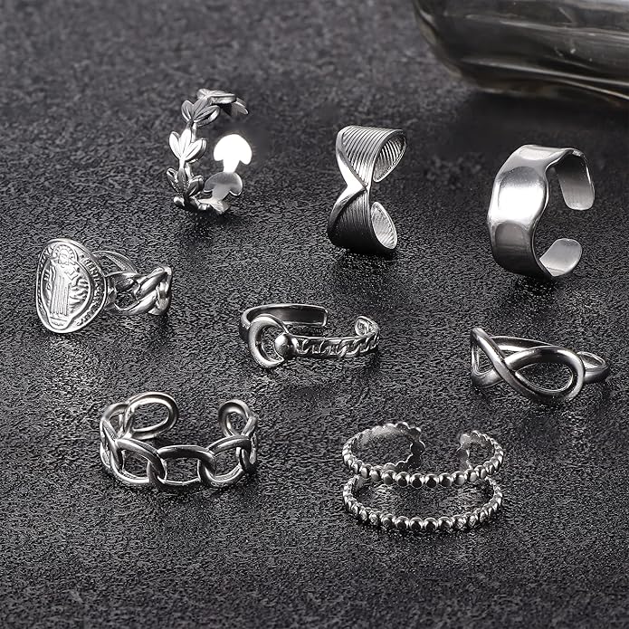 LOLIAS 16Pcs Stackable Stainless Steel Rings for Women Chunky Silver Rings Non Tarnish Ring Open Adjustable Thumb Finger Statement Ring Set