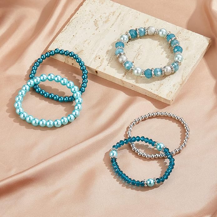 Noessla Beaded Pearl Stretch Bracelet Silver Stackable Crystal Beads Bracelets Trendy Costume Jewelry Mothers Day Gifts for Women