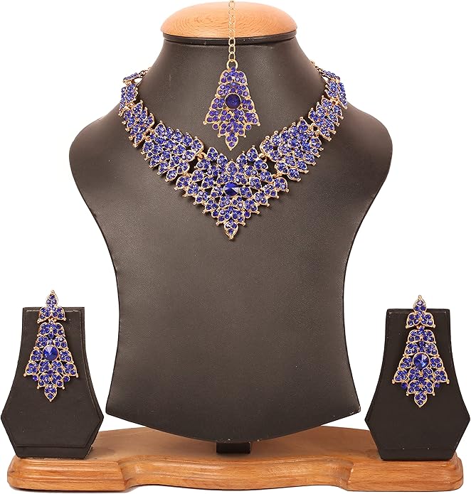 Touchstone Indian Bollywood Tinsel Town Traditional Western Taste Studded Diamond Look Rhinestones Designer Bridal Jewelry Necklace Set for Women