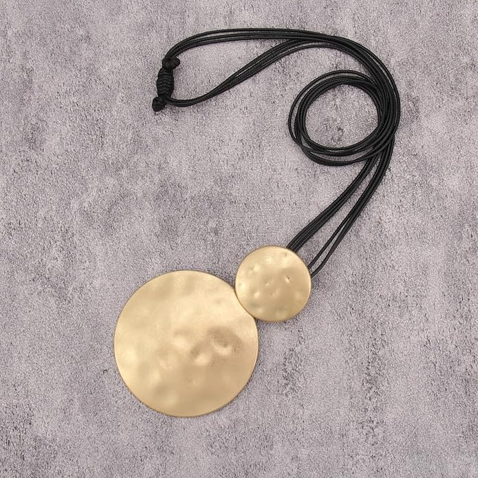 GelConnie Leather Necklace for Women Large Pendant Long Brown Necklace Circle Leather Choker Vintage Sweater Necklace Gold Chunky Boho Necklaces for Women