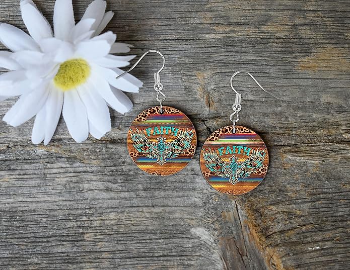 Round Wood Earrings Light Weight Printed Image Dangle Jewelry