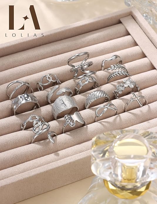 LOLIAS 16Pcs Stackable Stainless Steel Rings for Women Chunky Silver Rings Non Tarnish Ring Open Adjustable Thumb Finger Statement Ring Set