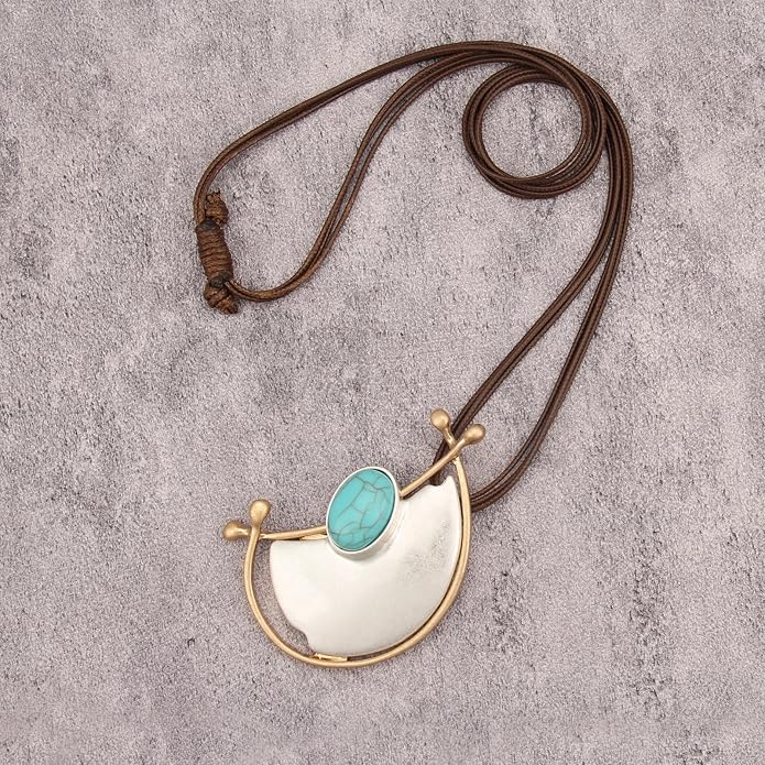 GelConnie Leather Necklace for Women Large Pendant Long Brown Necklace Circle Leather Choker Vintage Sweater Necklace Gold Chunky Boho Necklaces for Women