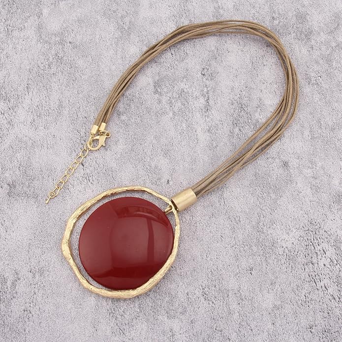 GelConnie Leather Necklace for Women Large Pendant Long Brown Necklace Circle Leather Choker Vintage Sweater Necklace Gold Chunky Boho Necklaces for Women