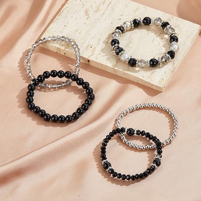 Noessla Beaded Pearl Stretch Bracelet Silver Stackable Crystal Beads Bracelets Trendy Costume Jewelry Mothers Day Gifts for Women