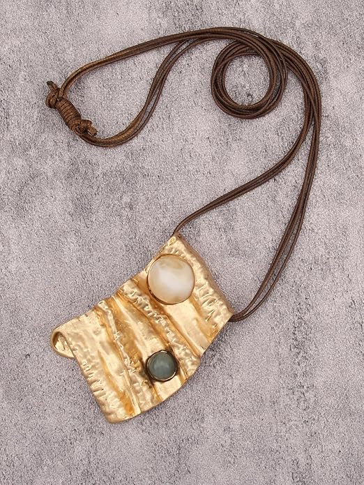 GelConnie Leather Necklace for Women Large Pendant Long Brown Necklace Circle Leather Choker Vintage Sweater Necklace Gold Chunky Boho Necklaces for Women