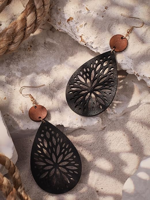 MINACHI Bohemian Hollow Cut-Out Wood Leather Dangle Drop Earrings, Boho Chic Hippie Statement Jewelry Gift for Women