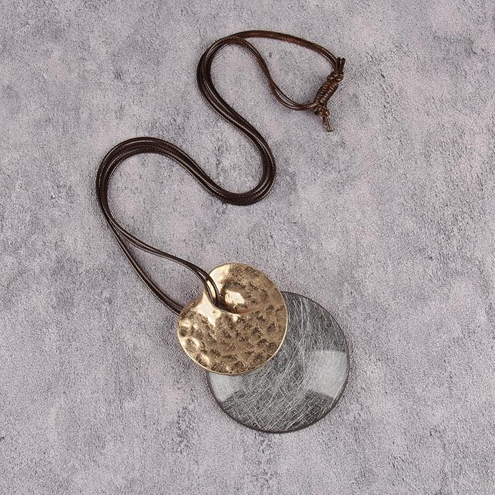 Boho Leather Necklace Women Bohemian Brown Circle Pendant Necklace Choker Long Necklaces for Women Boho Ring Large Pendant
