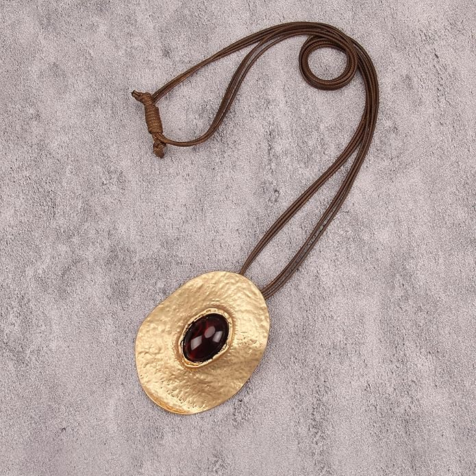 GelConnie Leather Necklace for Women Large Pendant Long Brown Necklace Circle Leather Choker Vintage Sweater Necklace Gold Chunky Boho Necklaces for Women