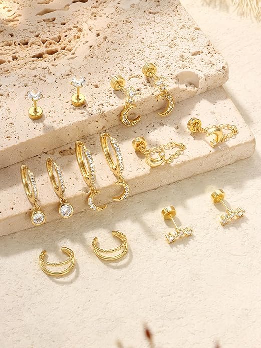 Dochais Flat Back Cartilage Earrings for Women Trendy Dainty CZ Flatback Studs Earing Sets 14k Gold Plated Hypoallergenic Huggie Hoops Earring Stacks for Multiple Piercing