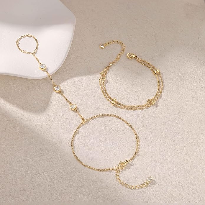Valentine Gift 14K Gold Plated Hand Chain Bracelet for Women Trendy, 2 Pcs Stackable Gold/Silver Finger Ring Bracelet Hand Chain Dainty Non Tarnish Waterproof Set Jewelry Adjustable 7'+2