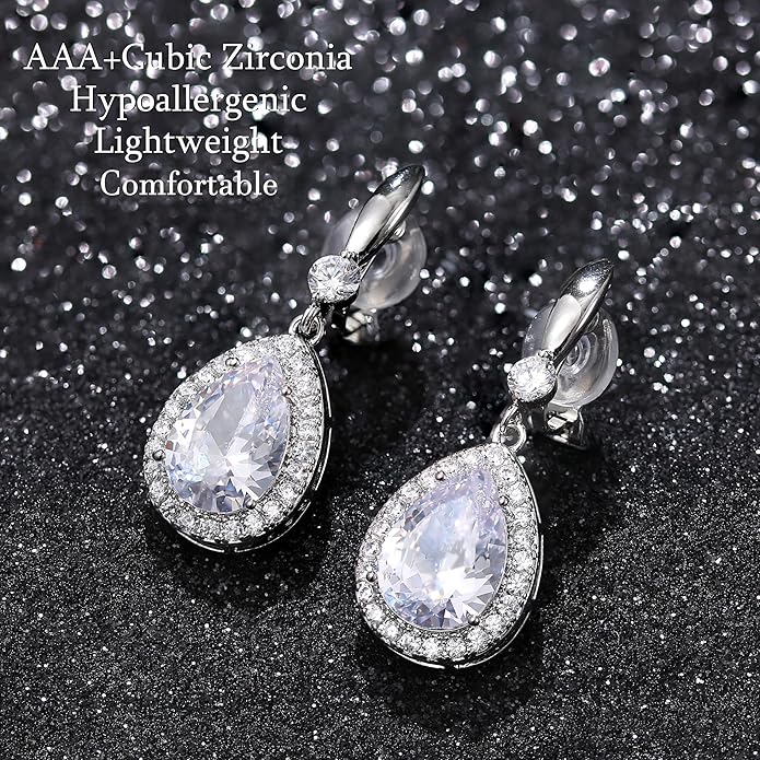 THUNARAZ Elegant Clip on Earrings for Women Sparkling Teardrop Dangle Clip Earrings Non-Pierced Rhinestone Cubic Zirconia Wedding Prom Jewelry 14K Gold and Silver Tone