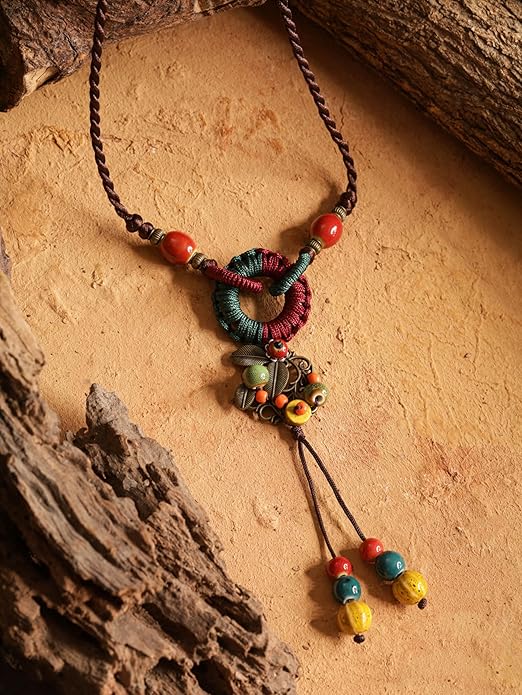 MINACHI Boho Hippie Colorful Ceramic Beads Strand O Ring Circle Charm Long Y Necklace, Vintage Bohemian Statement Jewelry Gift for Women