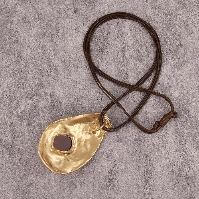 GelConnie Leather Necklace for Women Large Pendant Long Brown Necklace Circle Leather Choker Vintage Sweater Necklace Gold Chunky Boho Necklaces for Women