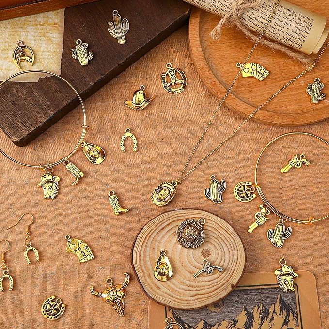 MARFOREVER 40 Pcs/20 Pairs Western Cowboy Cowgirl Charms for Jewelry Making, Antique Gold Dangle Charm Boot Hat Horse Cactus Pendants for Bracelet Necklace Earrings Making Accessories