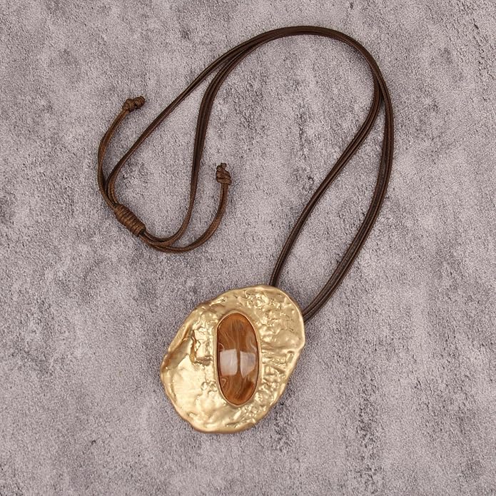 GelConnie Leather Necklace for Women Large Pendant Long Brown Necklace Circle Leather Choker Vintage Sweater Necklace Gold Chunky Boho Necklaces for Women