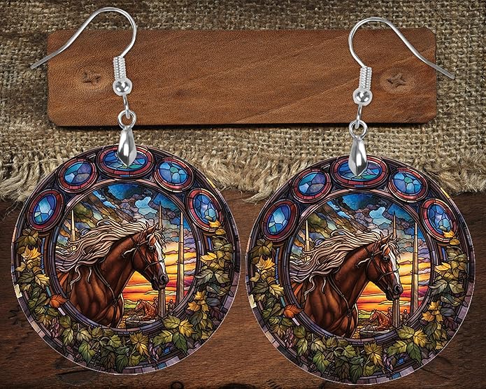 Round Wood Earrings Light Weight Printed Image Dangle Jewelry