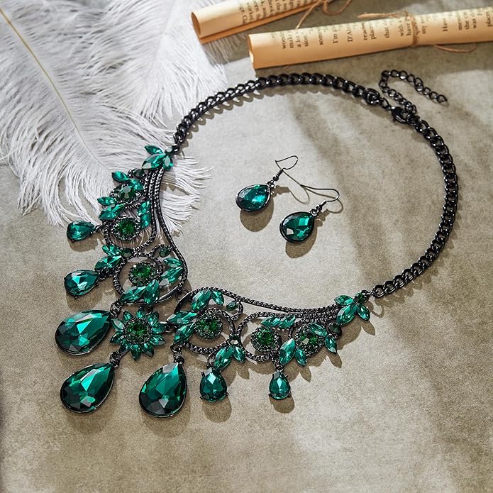 BriLove Women's Tribal Ethnic Crystal Chunky Statement Necklace Dangle Earrings Set