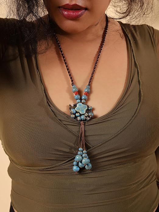 MINACHI Hippie Boho Colorful Ceramic Bead Butterfly Charm Pendant Y Necklace, Vintage Bohemian Statement Jewelry Gift for Women