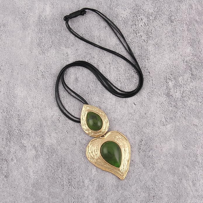 GelConnie Leather Necklace for Women Large Pendant Long Brown Necklace Circle Leather Choker Vintage Sweater Necklace Gold Chunky Boho Necklaces for Women
