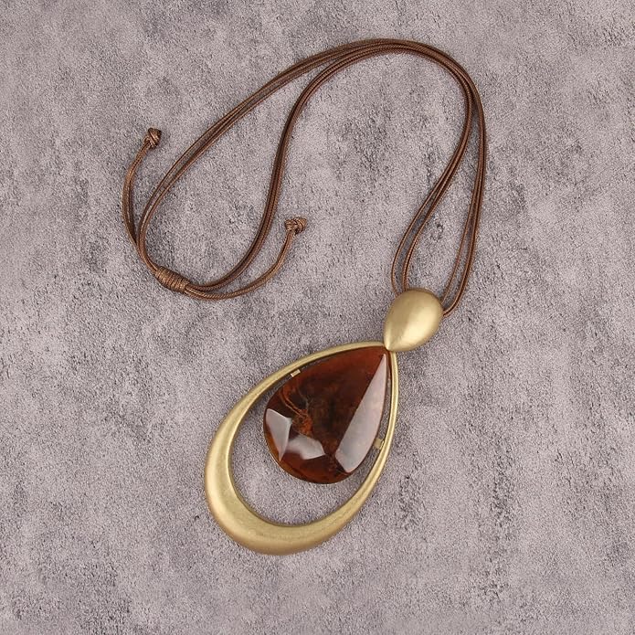 GelConnie Leather Necklace for Women Large Pendant Long Brown Necklace Circle Leather Choker Vintage Sweater Necklace Gold Chunky Boho Necklaces for Women