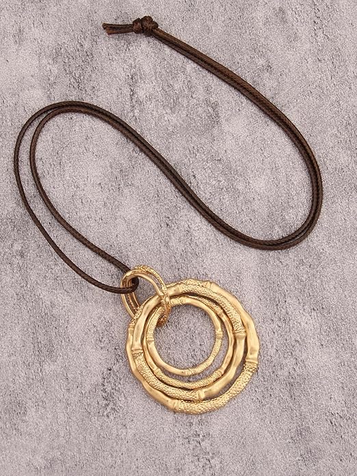 GelConnie Leather Necklace for Women Large Pendant Long Brown Necklace Circle Leather Choker Vintage Sweater Necklace Gold Chunky Boho Necklaces for Women