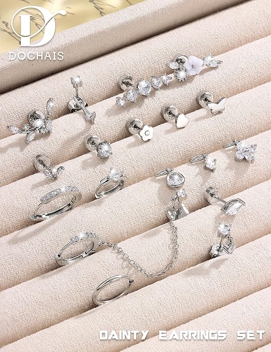 18 PCS Single Cartilage Studs Earrings Women Trendy 14k Gold Plated Flat Back Earings Stacks Dainty Small Pendant Dangle Huggie Hoops Earring Cubic Zirconia Flatback Stud Sets for Multiple Piercing