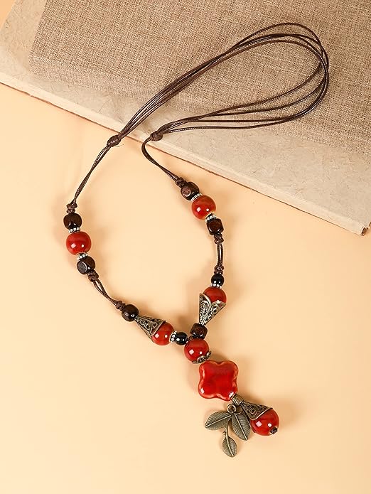 MINACHI Vintage Bohemian Ethnic Colorful Ceramic Bead Long Y Necklace, Hippie Boho Summer Fashion Jewelry Gift for Women