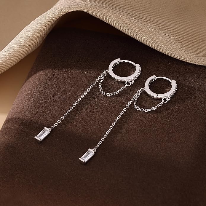 Reffeer 925 Sterling Silver CZ Chain Hoop Earrings Dangle for Women Teens Dangle Earrings Chain Drop Earrings Huggie