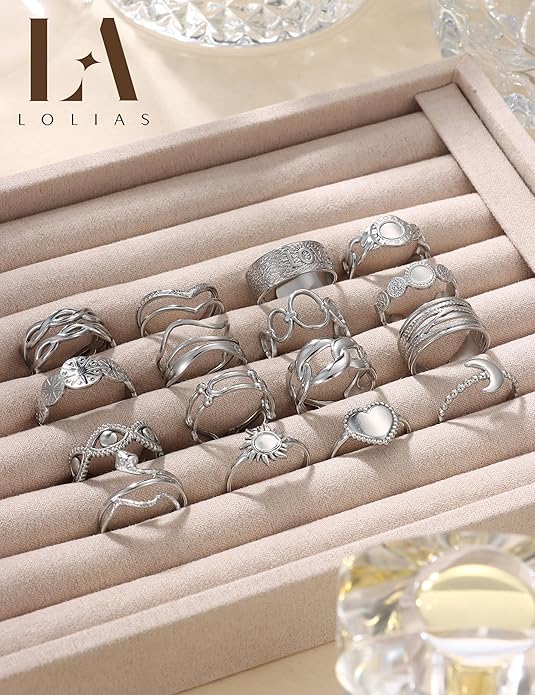 LOLIAS 16Pcs Stackable Stainless Steel Rings for Women Chunky Silver Rings Non Tarnish Ring Open Adjustable Thumb Finger Statement Ring Set