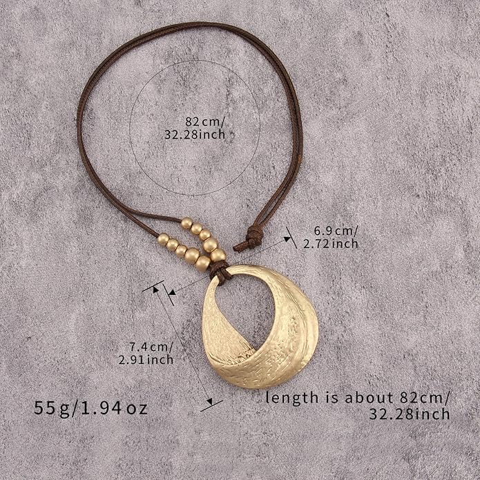 Boho Leather Necklace Women Bohemian Brown Circle Pendant Necklace Choker Long Necklaces for Women Boho Ring Large Pendant