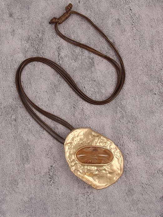 GelConnie Leather Necklace for Women Large Pendant Long Brown Necklace Circle Leather Choker Vintage Sweater Necklace Gold Chunky Boho Necklaces for Women