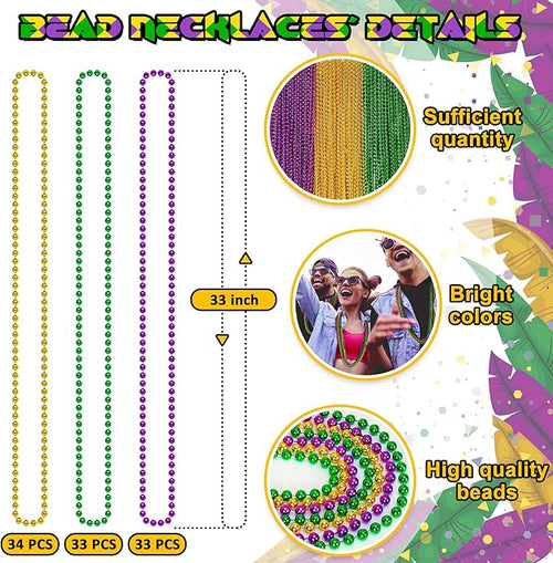 100PCS Mardi Gras Beads, Green Purple Gold Metallic Mardi Gras Beads Necklaces Accessories Bulk, Mardi Gras Carnival Beads Necklace Accessories for Parade Throws Party Decorations Supplies Favors