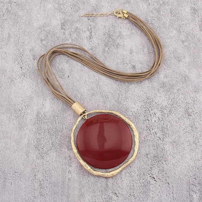 GelConnie Leather Necklace for Women Large Pendant Long Brown Necklace Circle Leather Choker Vintage Sweater Necklace Gold Chunky Boho Necklaces for Women