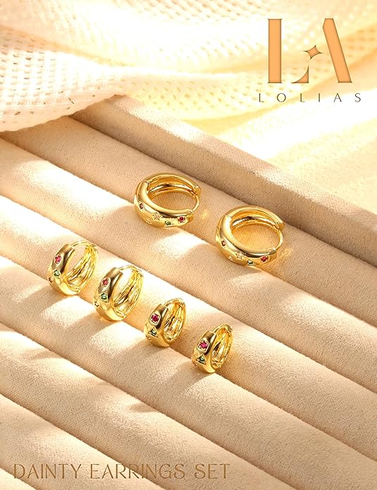 14K Gold Plated Hoop Earrings Set for Women - 3Pairs Chunky 14K Gold Plated Silver Huggie Earrings Small Earrings Lightweight Hypoallergenic MultiColored CZ Hoop Earrings Stacks for Multiple Piercing